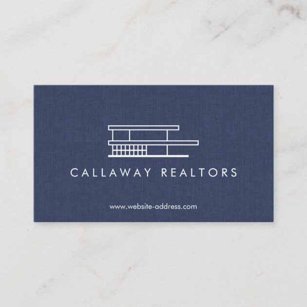 Unique Modern Home Logo on Navy Linen Real Estate Business Card (front side)