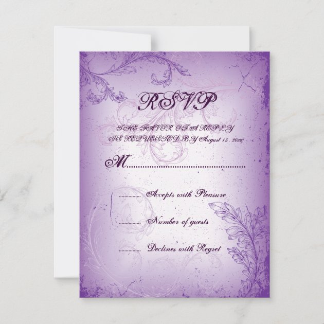 Vintage lilac purple scroll leaf wedding RSVP card