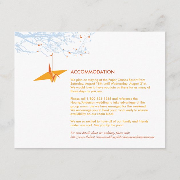 Orange Hanging Paper Cranes Wedding Insert Card