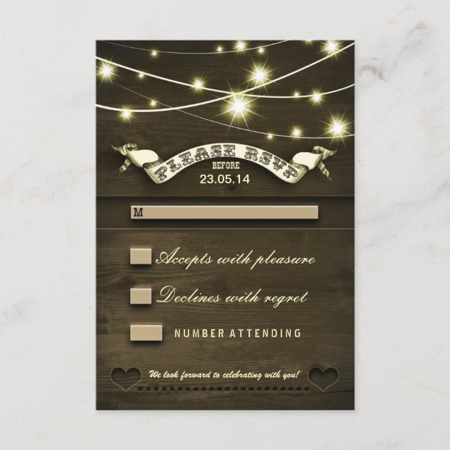 rustic country wooden wedding RSVP with lights