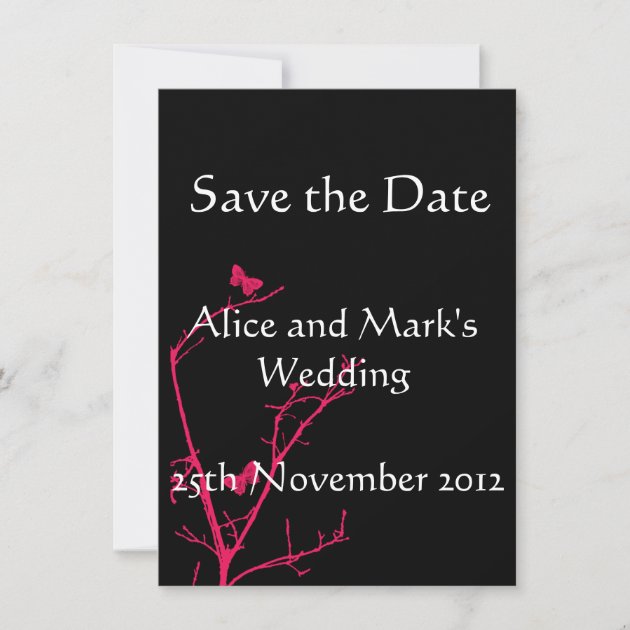 hot pink and black save the date card