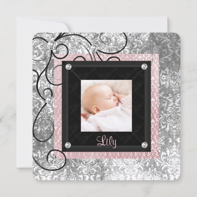 Elegant Pink and Black Baby Girl Photo Birth Announcement