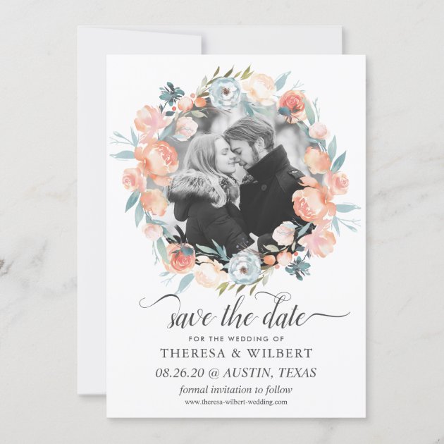 Rustic Peach Floral Wreath Photo Save the Date