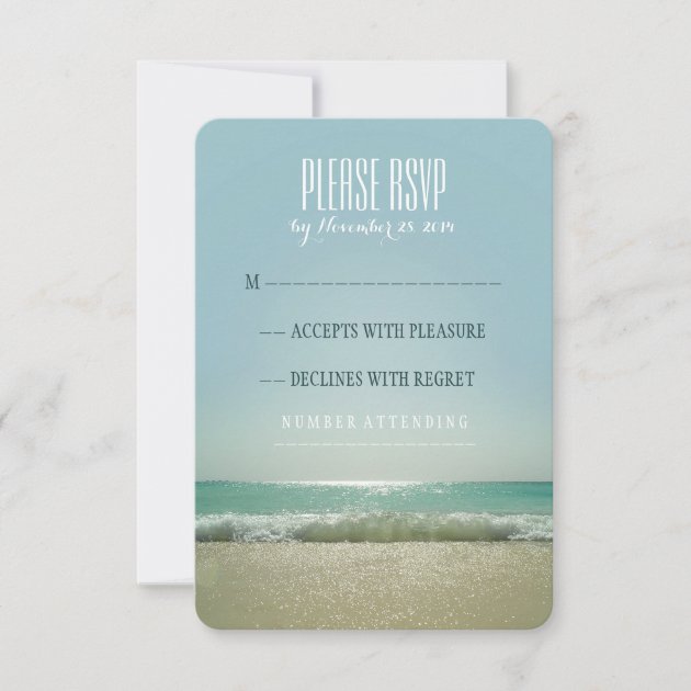 Modern beach wedding RSVP cards with blue sea (front side)