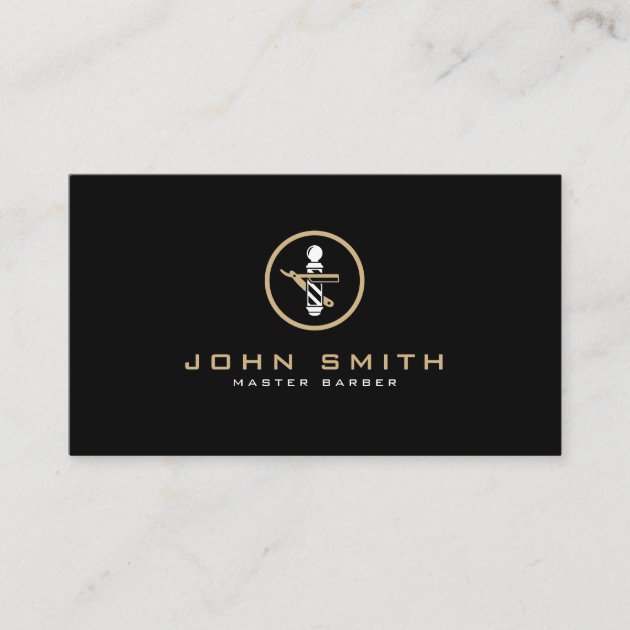 Barber Logo with Straight Razor & Barber Pole Business Card (front side)