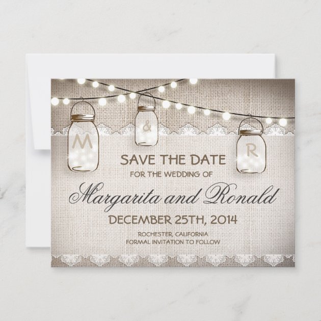 burlap and mason jar save the date cards (front side)