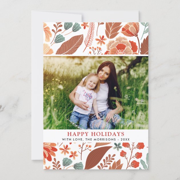 Winter Foliage Floral Happy Holidays Family Photo Holiday Card (front side)