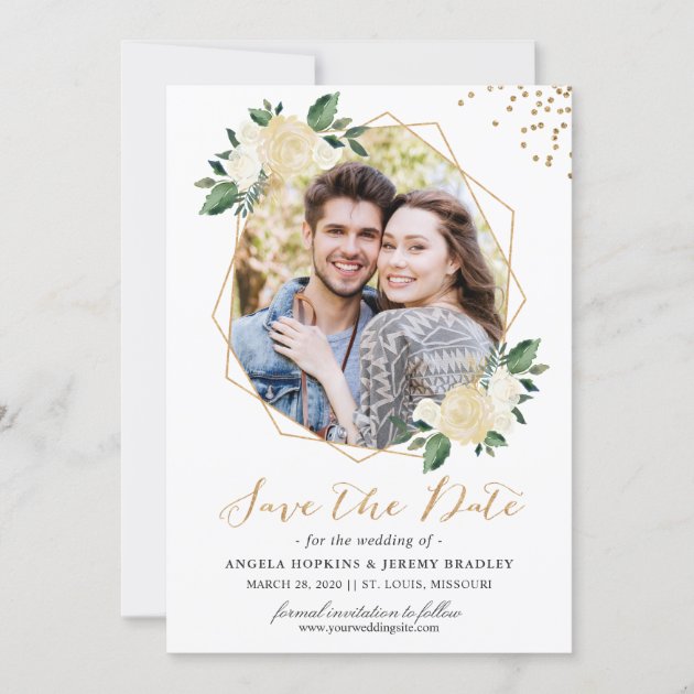 Modern Gold Ivory Green Floral Photo Save the Date (front side)
