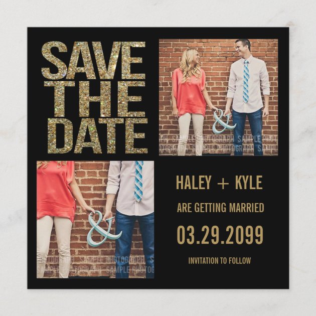 Black & Gold Glitter Save the Date Photo Cards