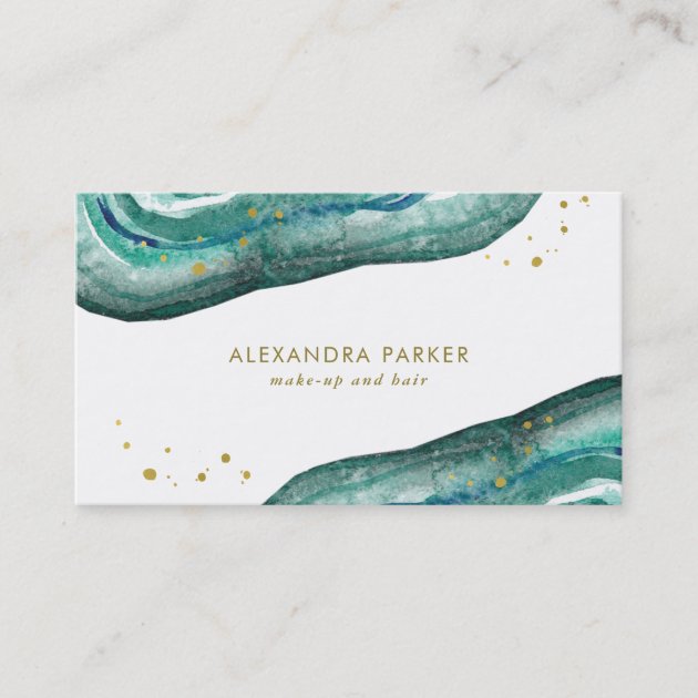 Watercolor Teal and Faux Gold Geode Business Card (front side)