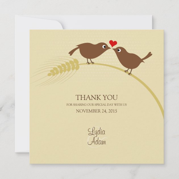 Love Birds On Wheat - Thank You Card - Square