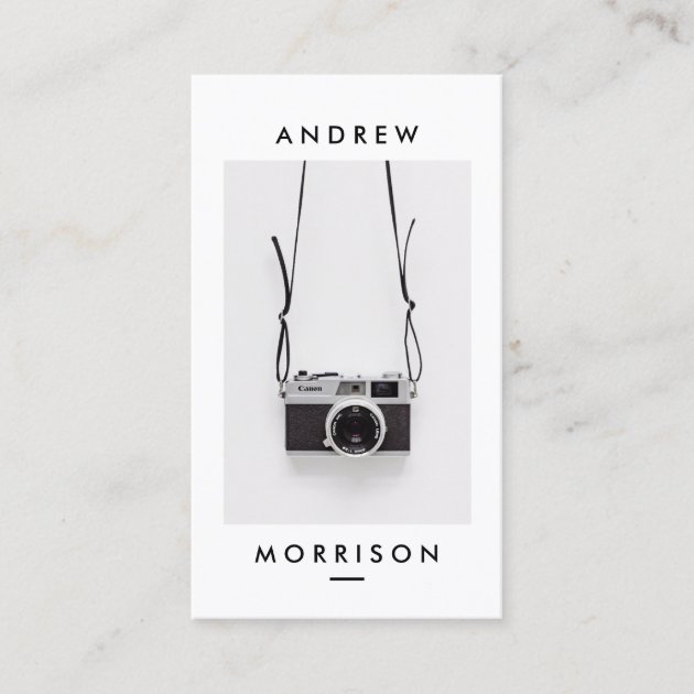 Minimalist Black and White Camera Photographer Business Card (front side)