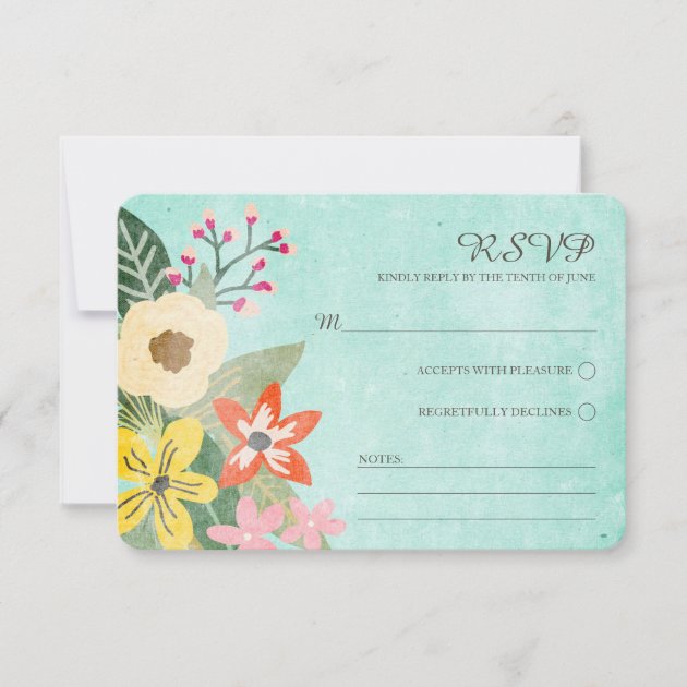 Beautiful Blooms Wedding RSVP Card / Aqua