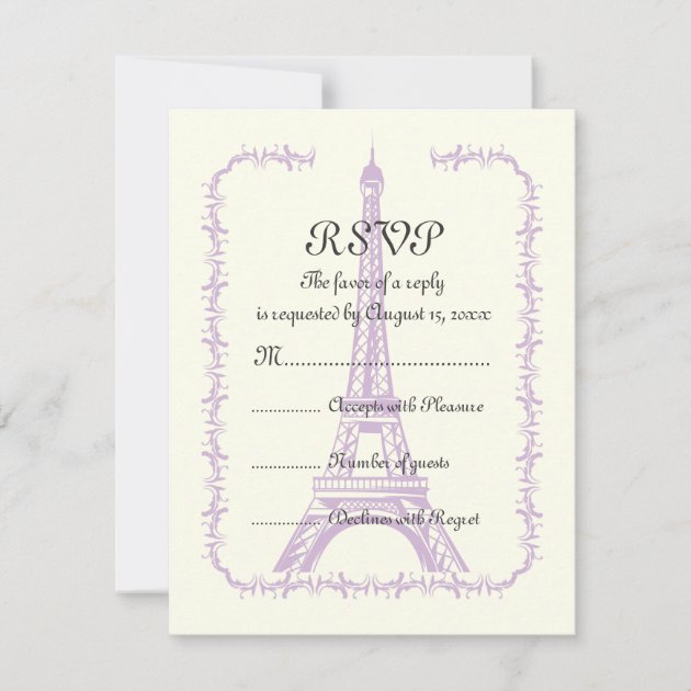 Paris wedding purple Eiffel Tower on ivory RSVP