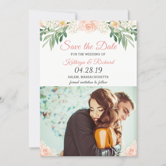 Chic Blush Peach Rose Garden Save The Date Photo (front side)