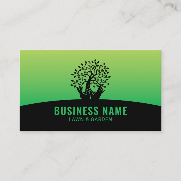 Lawn Care Hands Holding Tree Green Landscaping Business Card (front side)