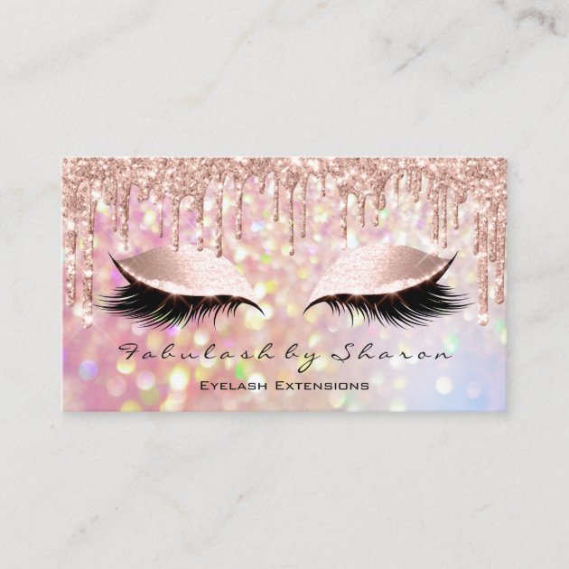 Makeup Artist Eyelash Pink Glitter Drips Rose Business Card (front side)