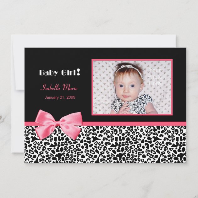 Trendy Pink And Black Photo Birth Announcements