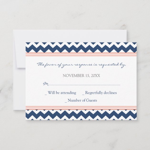 Coral Blue Chevron RSVP Wedding Card (front side)