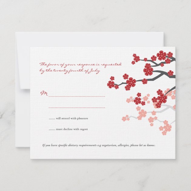 Red Sakura Cherry Blossoms Asian Wedding RSVP Card (front side)