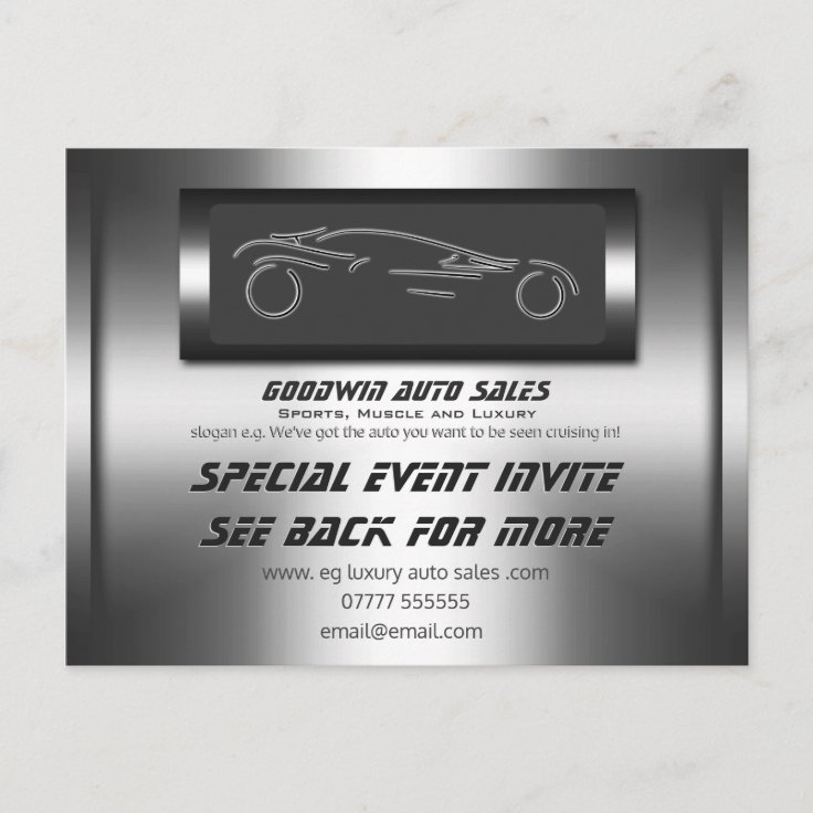 Auto Sales Event Invite - faux metal, auto logo (Front)