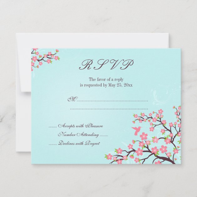 Stylish blue pink cherry blossom wedding RSVP card