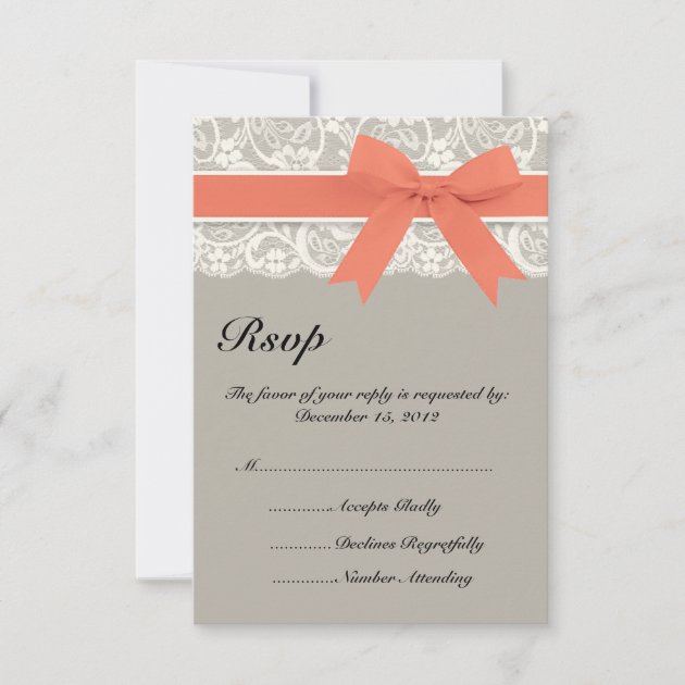 Lace Ribbon Gray Coral Wedding RSVP Card (front side)