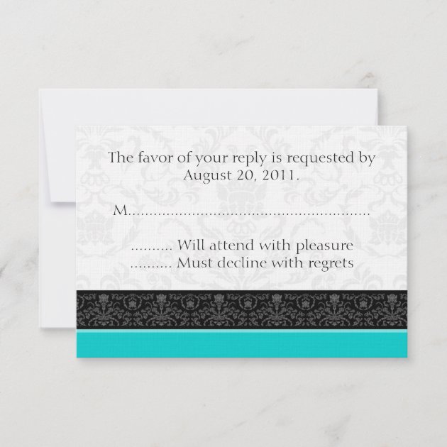 Turquoise & White Damask Wedding RSVP Reply Cards