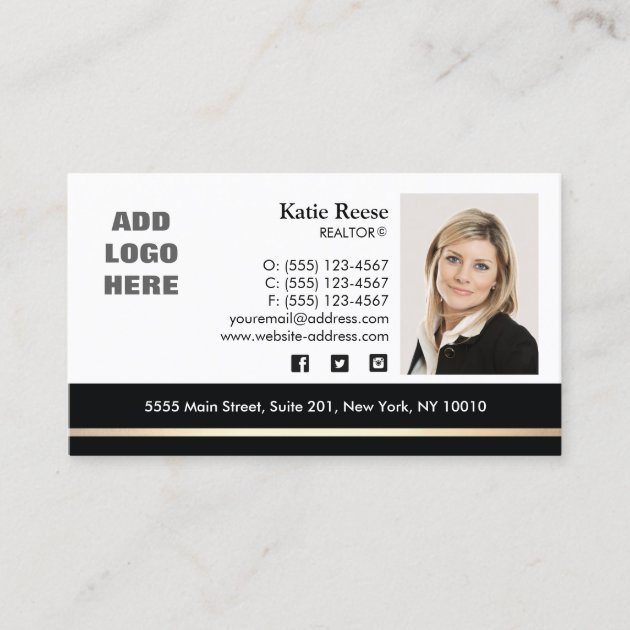 Professional Photo Gold Stripe Real Estate Business Card (front side)