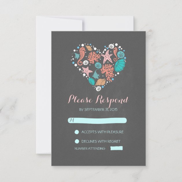 chalkboard beach heart casual wedding RSVP cards (front side)