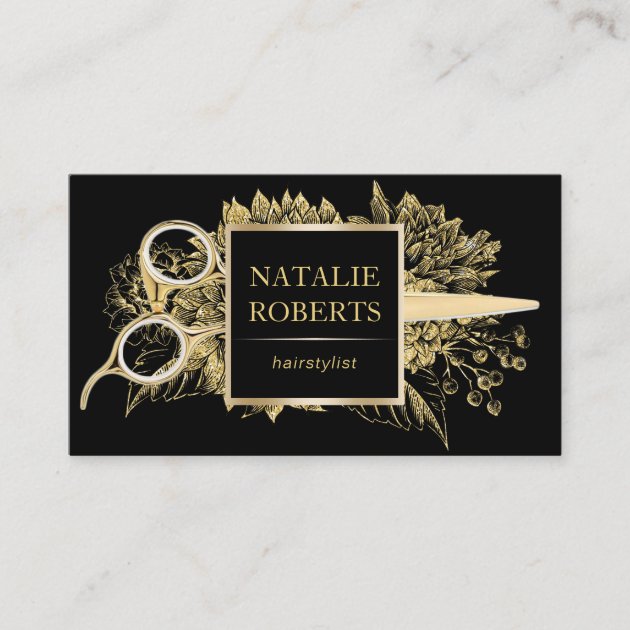 Hair Stylist Black & Gold Floral Beauty Salon Business Card (front side)