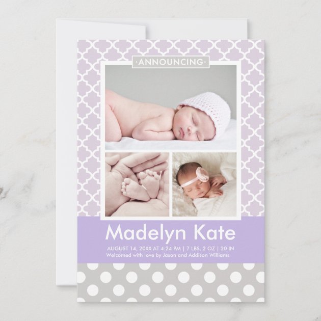 Girl Photo Birth Announcement Card | Chic Pattern (front side)