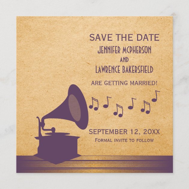 Purple Vintage Gramophone Save the Date Invite (front side)
