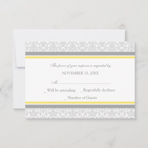 Lemon Gray Damask RSVP Wedding Card
