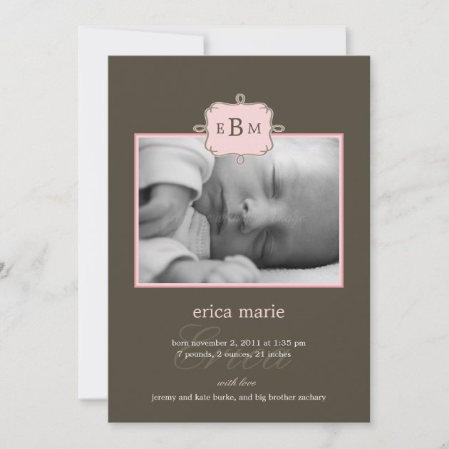 Framed Initials Birth Announcement - Pink/Gray