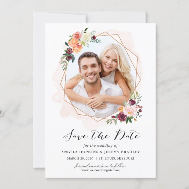 Modern Geometric Bloom Floral Photo Save the Date (front side)