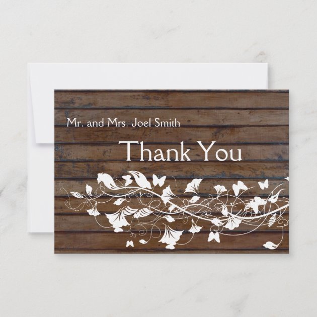 Dark Brown Wood Look White Floral  thank you card