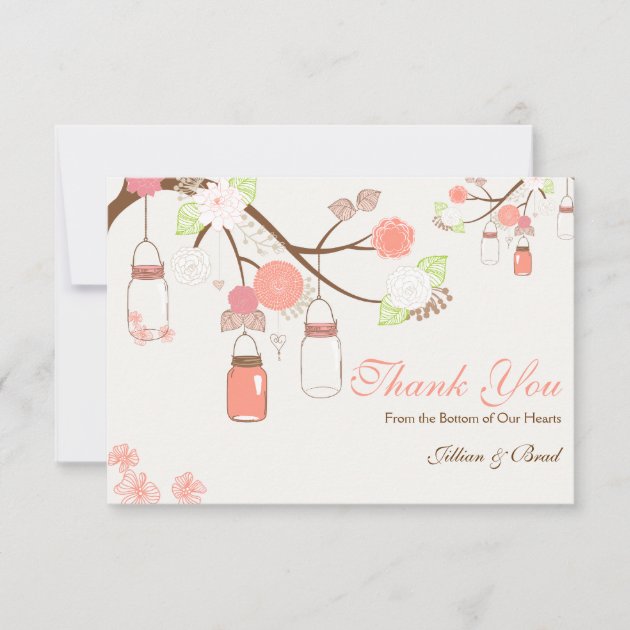 Mason Jar Wedding Thank You Card- Coral and White (front side)