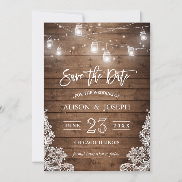 Save The Date Mason Jars Lights Rustic Wood Lace (front side)