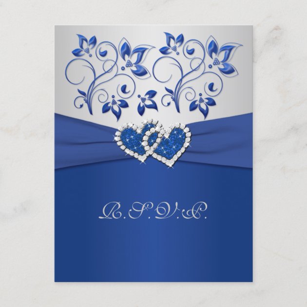 PRINTED RIBBON Blue Silver Joined Hearts RSVP Card