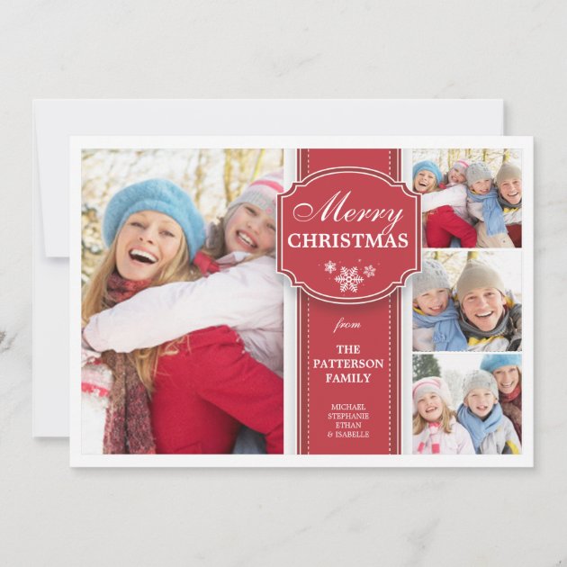 Elegant  Red & White Snow 4 Photo Greeting Card (front side)