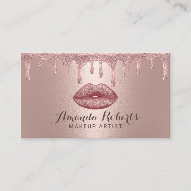 Makeup Artist Rose Gold Drips Glam Lips Salon Business Card (front side)