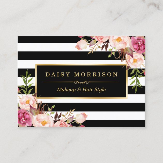 Vintage Floral Wrapping Around Black White Stripes Business Card (front side)