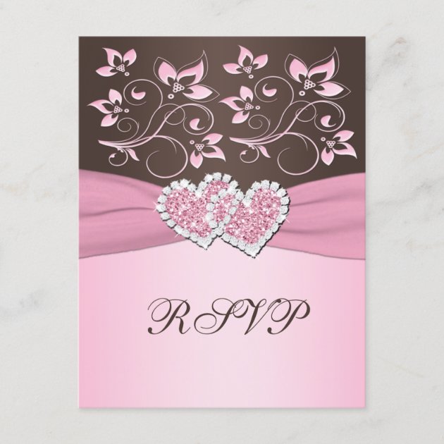 Pink and Brown Floral Joined Hearts RSVP Card