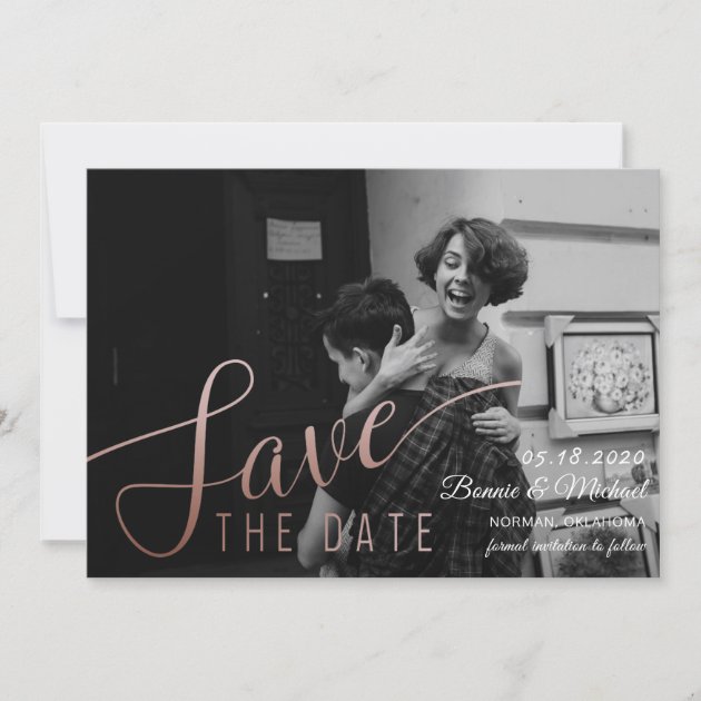 Rose Gold Script Black & White Save The Date Photo (front side)