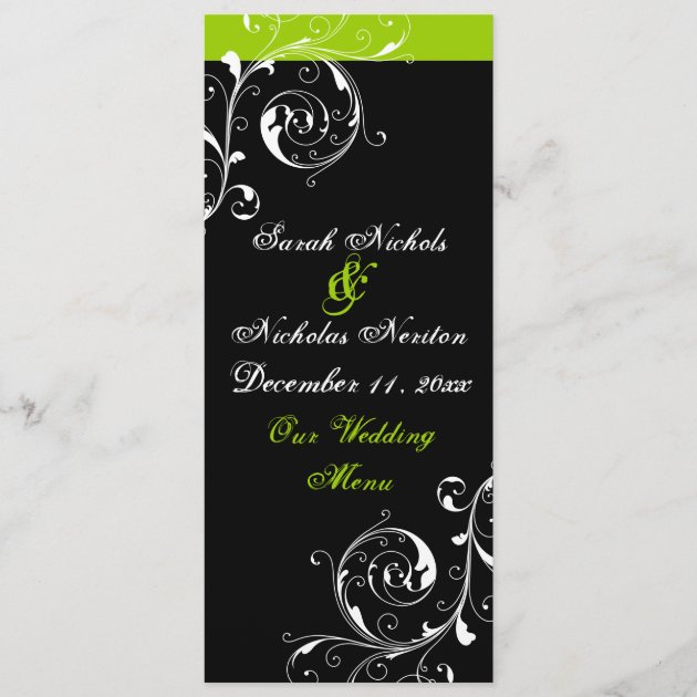Scroll leaf black, green wedding menu card