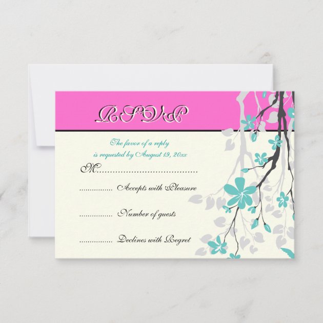Flowers turquoise, hot pink wedding RSVP card