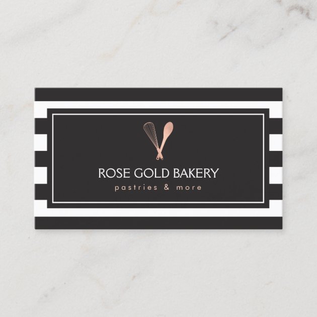 Luxe Striped Rose Gold Whisk Spoon Logo Bakery Business Card
