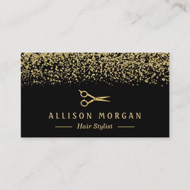Hair Stylist Scissors Salon Gold Glitter Confetti Business Card (front side)
