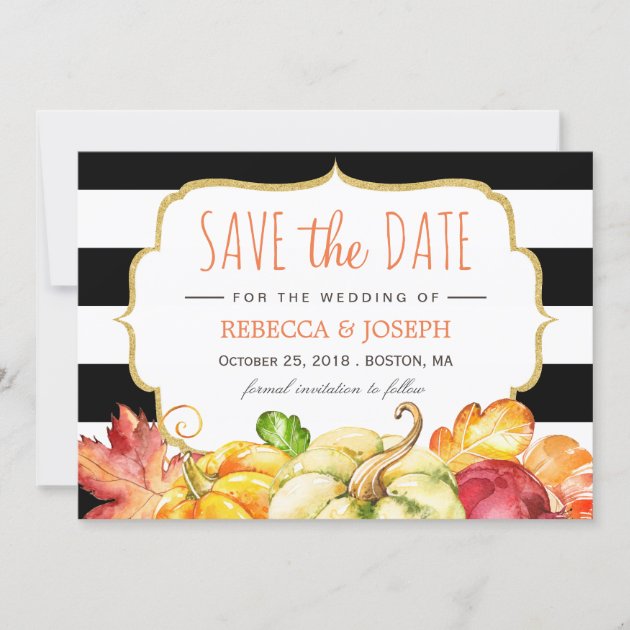 Autumn Pumpkin Maple Leaves Fall Save the Date (front side)